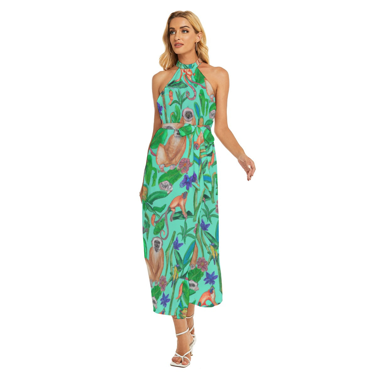 Turquoise Jungle - All-Over Print Women's Wrap Hem Belted Halter Dress