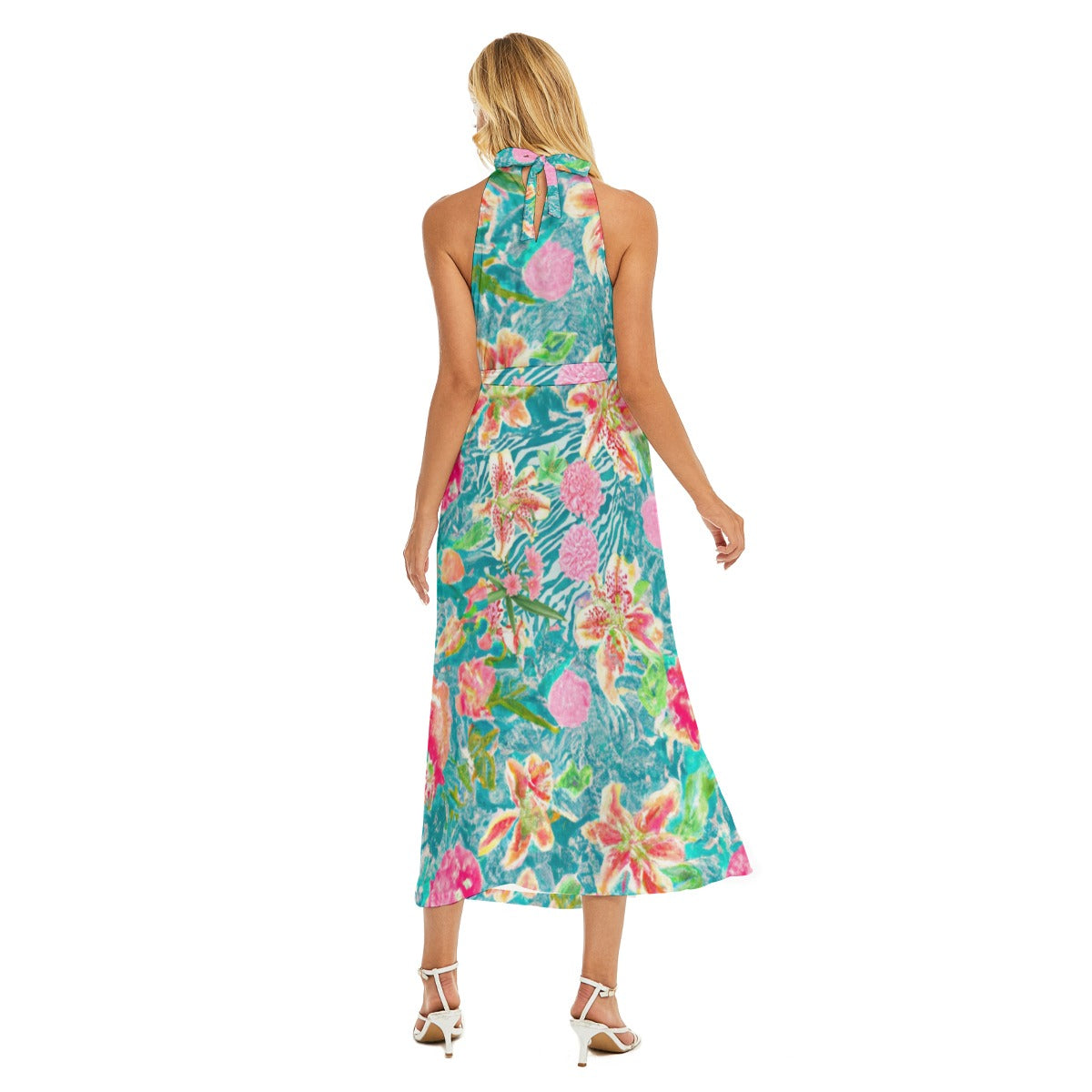 "Trippy Flowers" All-Over Print Women's Wrap Hem Belted Halter Dress