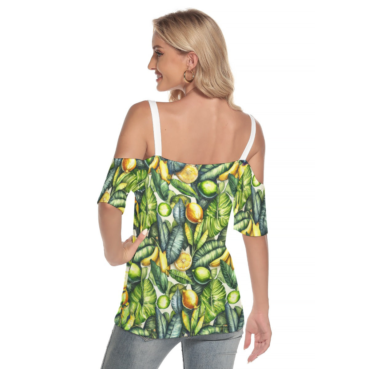 Lemon Leaves - All-Over Print Women's Cold Shoulder T-shirt With Criss Cross Strips