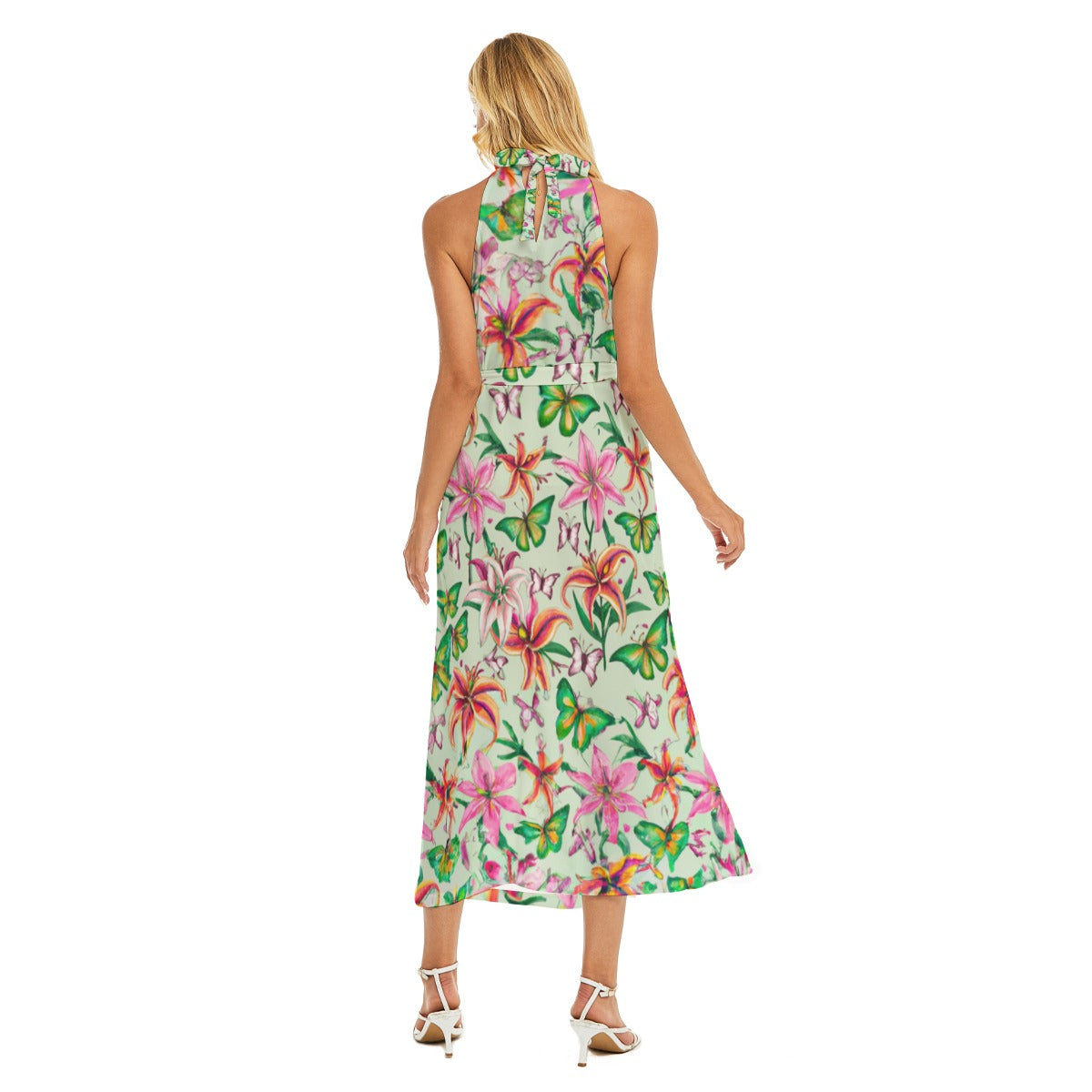 "Stargazer Lillies" All-Over Print Women's Wrap Hem Belted Halter Dress