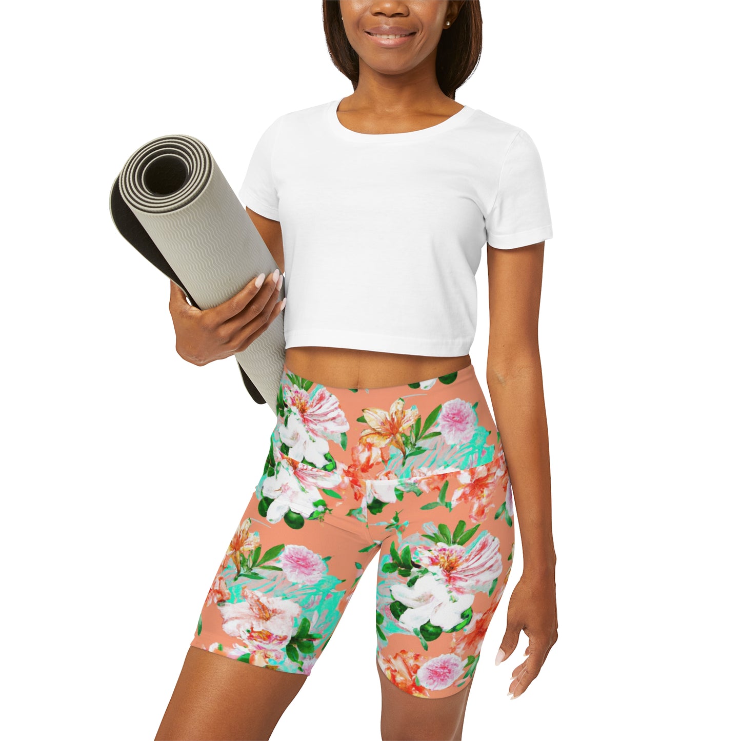 "Orangey Flowers" High Waisted Yoga Shorts (AOP)