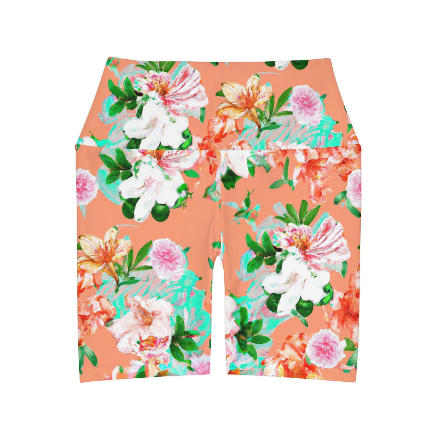 "Orangey Flowers" High Waisted Yoga Shorts (AOP)