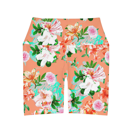 "Orangey Flowers" High Waisted Yoga Shorts (AOP)