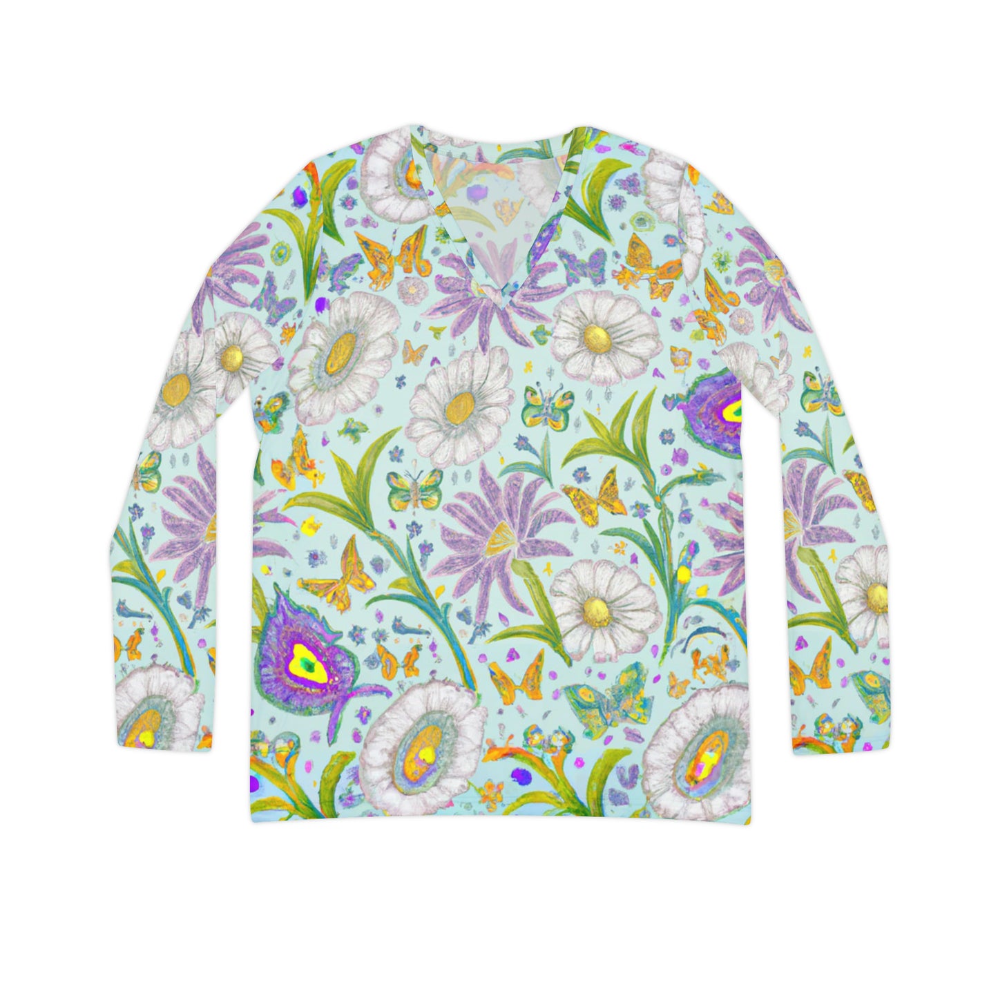 "Phoebe's Butterfly Garden" Women's Long Sleeve V-neck Shirt (AOP)