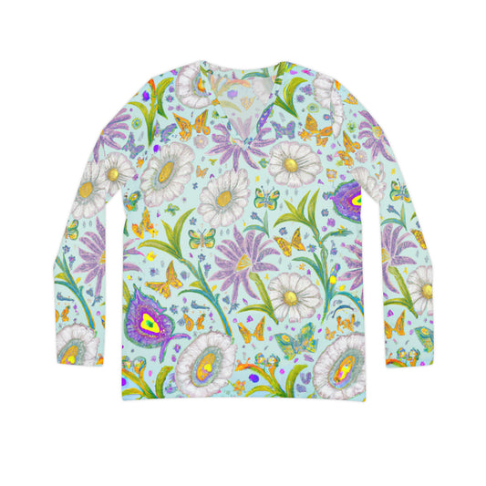 "Phoebe's Butterfly Garden" Women's Long Sleeve V-neck Shirt (AOP)