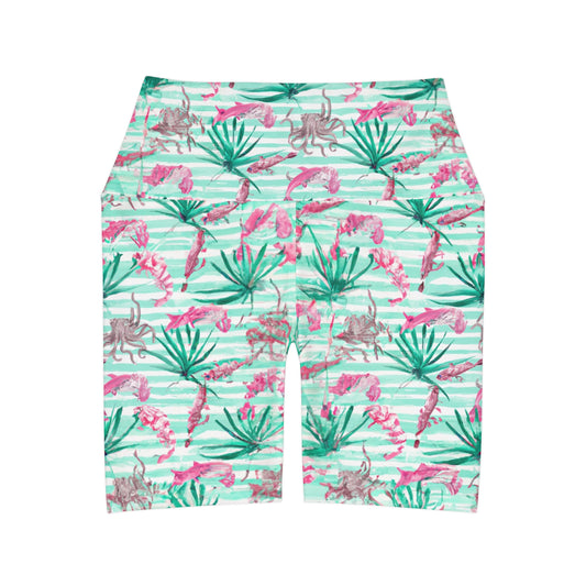 "Pink Octopus" High Waisted Yoga Shorts (AOP)