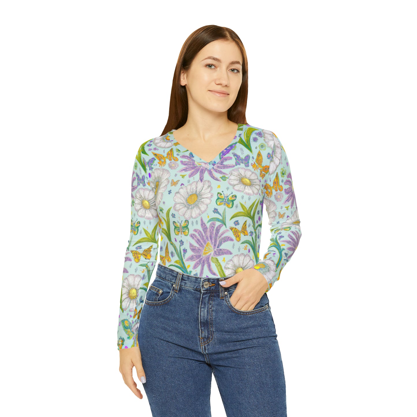 "Phoebe's Butterfly Garden" Women's Long Sleeve V-neck Shirt (AOP)