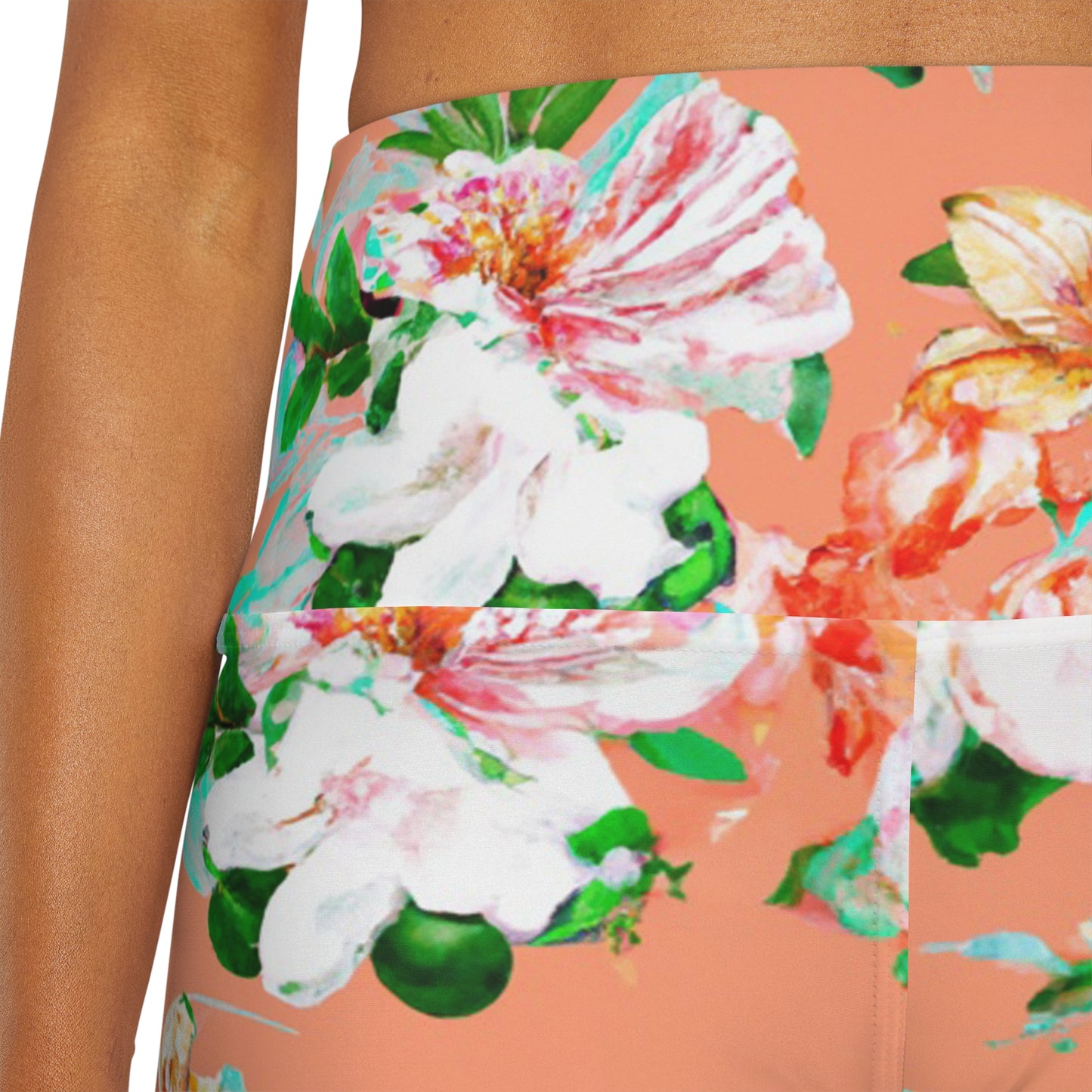 "Orangey Flowers" High Waisted Yoga Shorts (AOP)