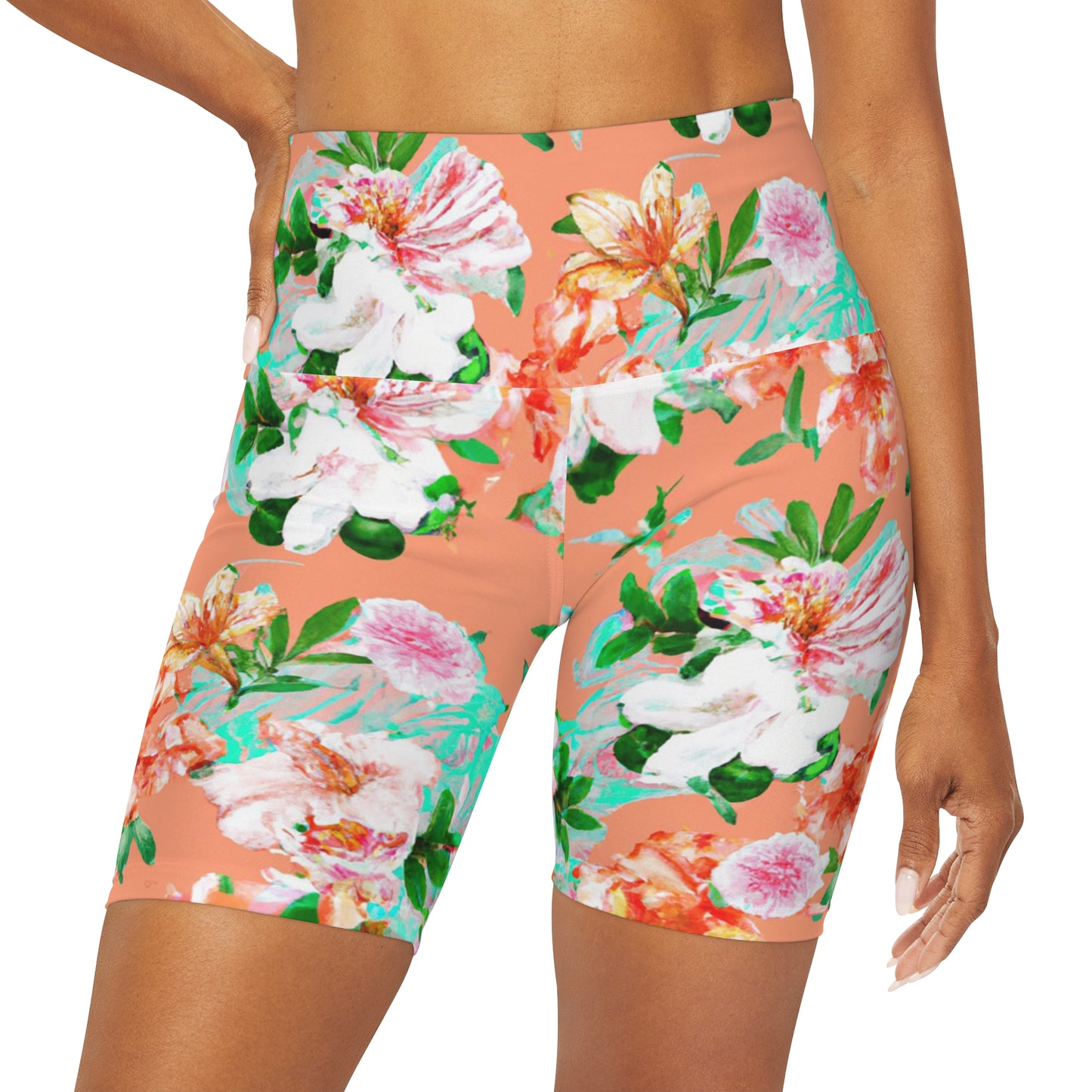 "Orangey Flowers" High Waisted Yoga Shorts (AOP)