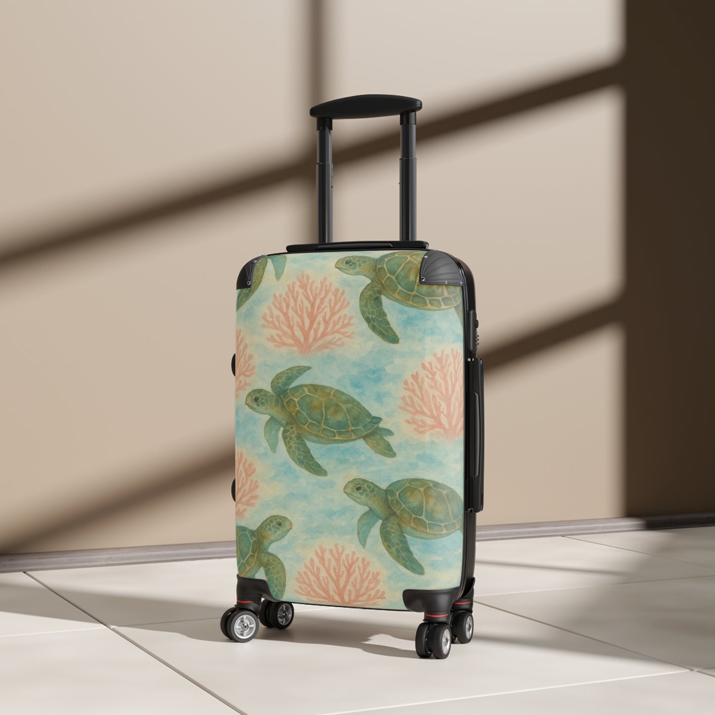 Rolling Suitcase- Watercolor Sea Turtle and Sea Fan Print for Ocean Lovers