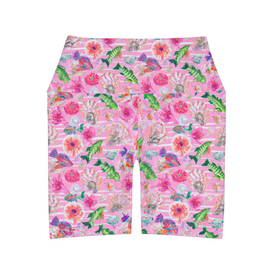 "Pink Florida Keys" High Waisted Yoga Shorts (AOP)