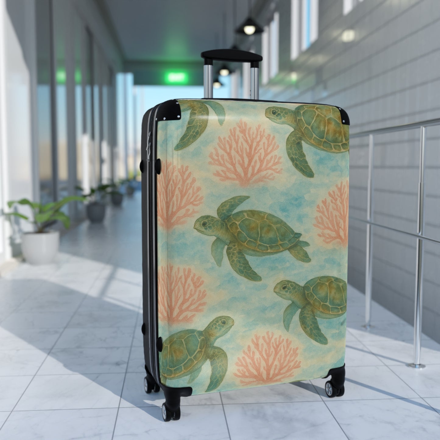 Rolling Suitcase- Watercolor Sea Turtle and Sea Fan Print for Ocean Lovers