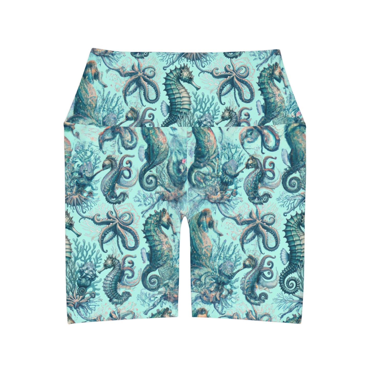 "Seahorse Queen" High Waisted Yoga Shorts (AOP)