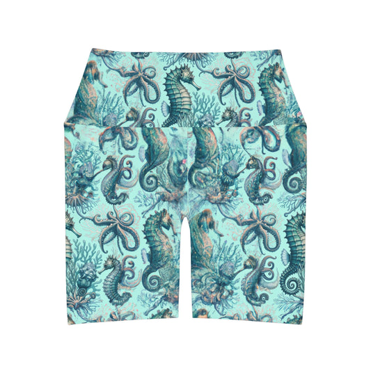 "Seahorse Queen" High Waisted Yoga Shorts (AOP)